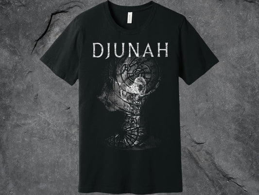 Djunah lace skull shirt on black Bella Canvas shirts, design by Chris Flynn