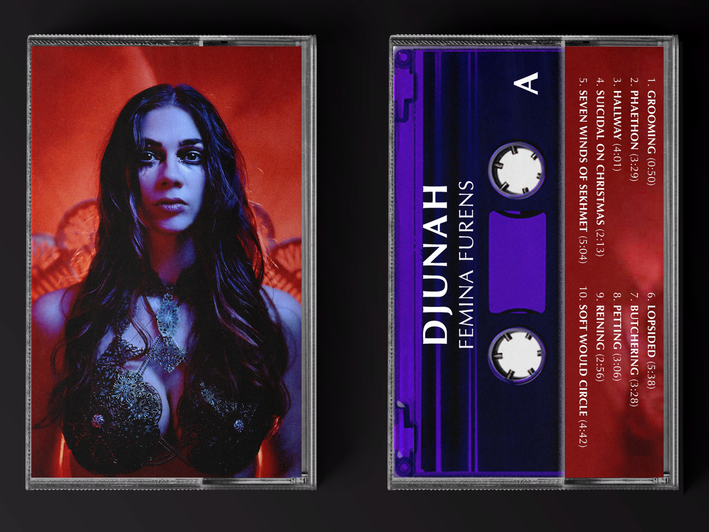 Djunah "Femina Furens" audio cassette on transparent purple, front and reverse, duped by National Audio Company