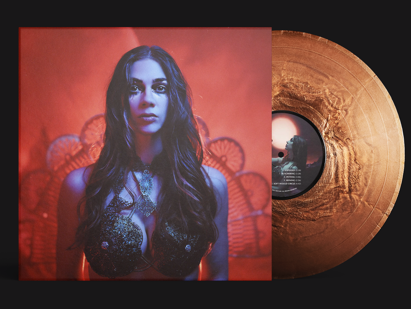 Djunah "Femina Furens" second pressing 12" vinyl LP on molten copper, front cover, pressed by Smashed Plastic in Chicago, Illinois