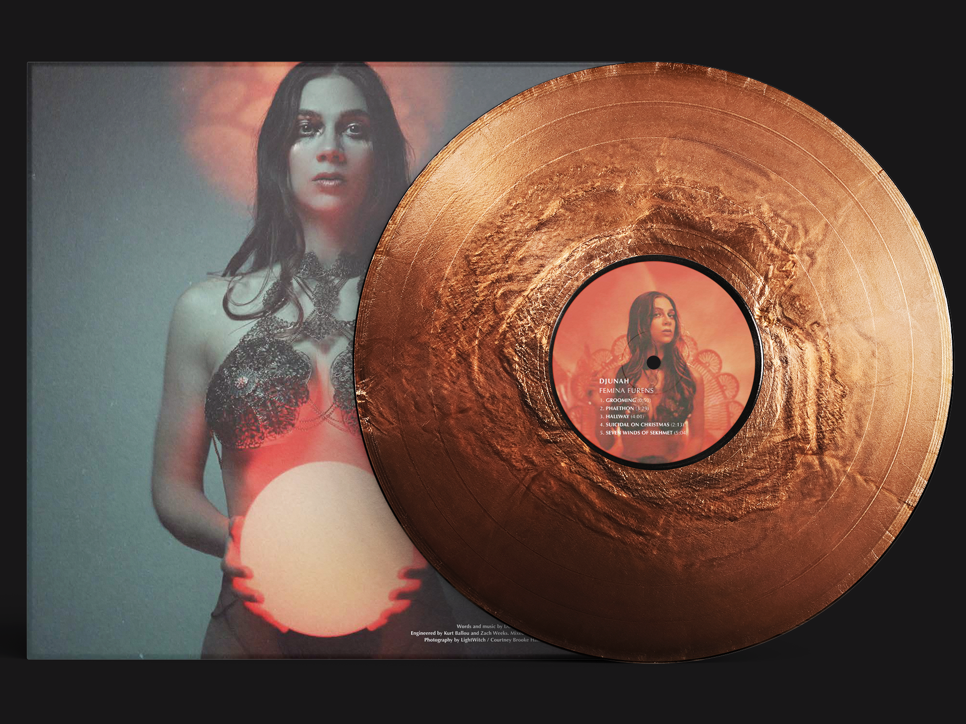 Djunah "Femina Furens" second pressing 12" vinyl LP on molten copper, reverse cover, pressed by Smashed Plastic in Chicago, Illinois