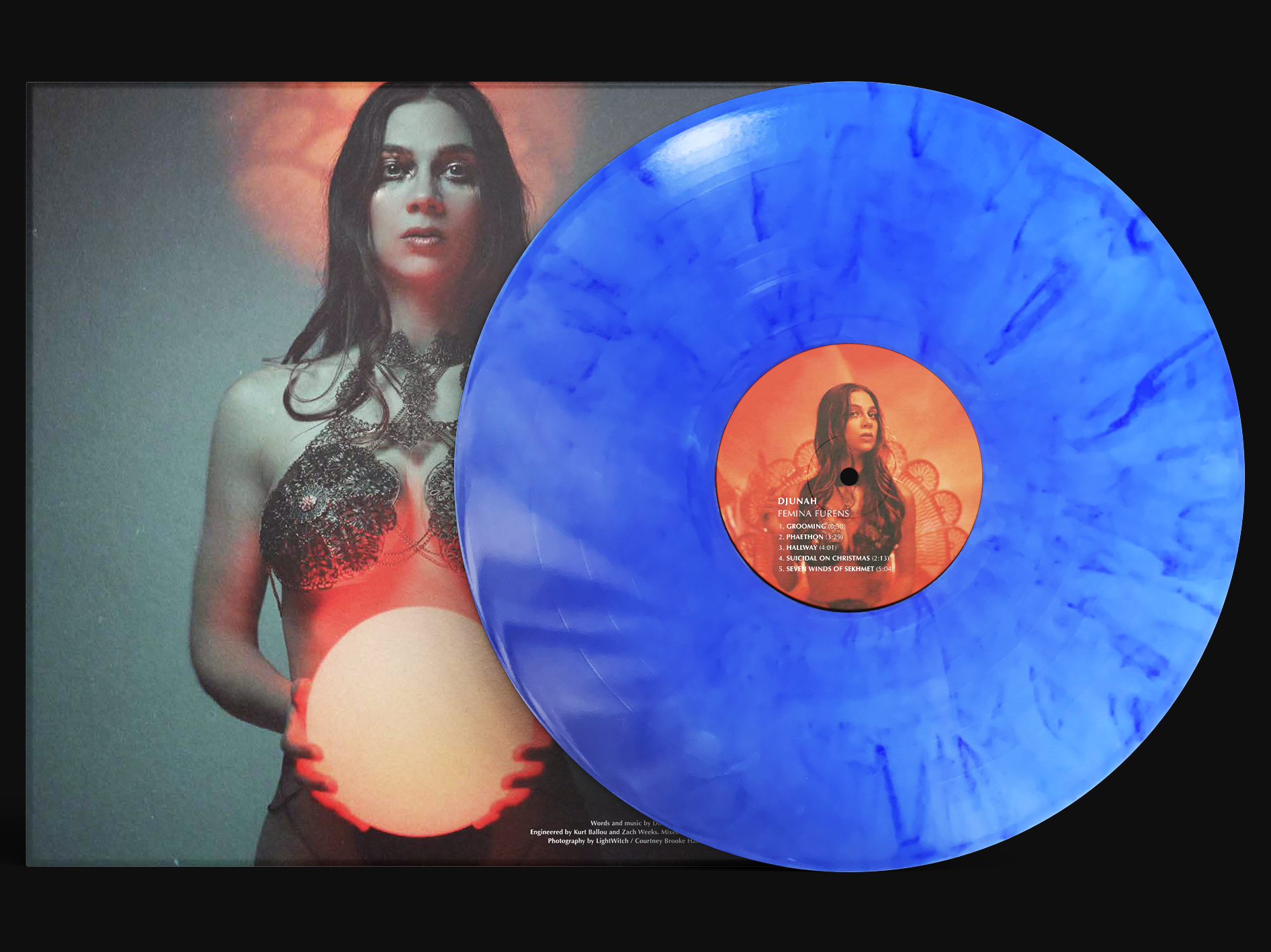 Djunah "Femina Furens" first pressing 12" vinyl LP on metallic indigo swirl, reverse cover, pressed by Smashed Plastic in Chicago, Illinois