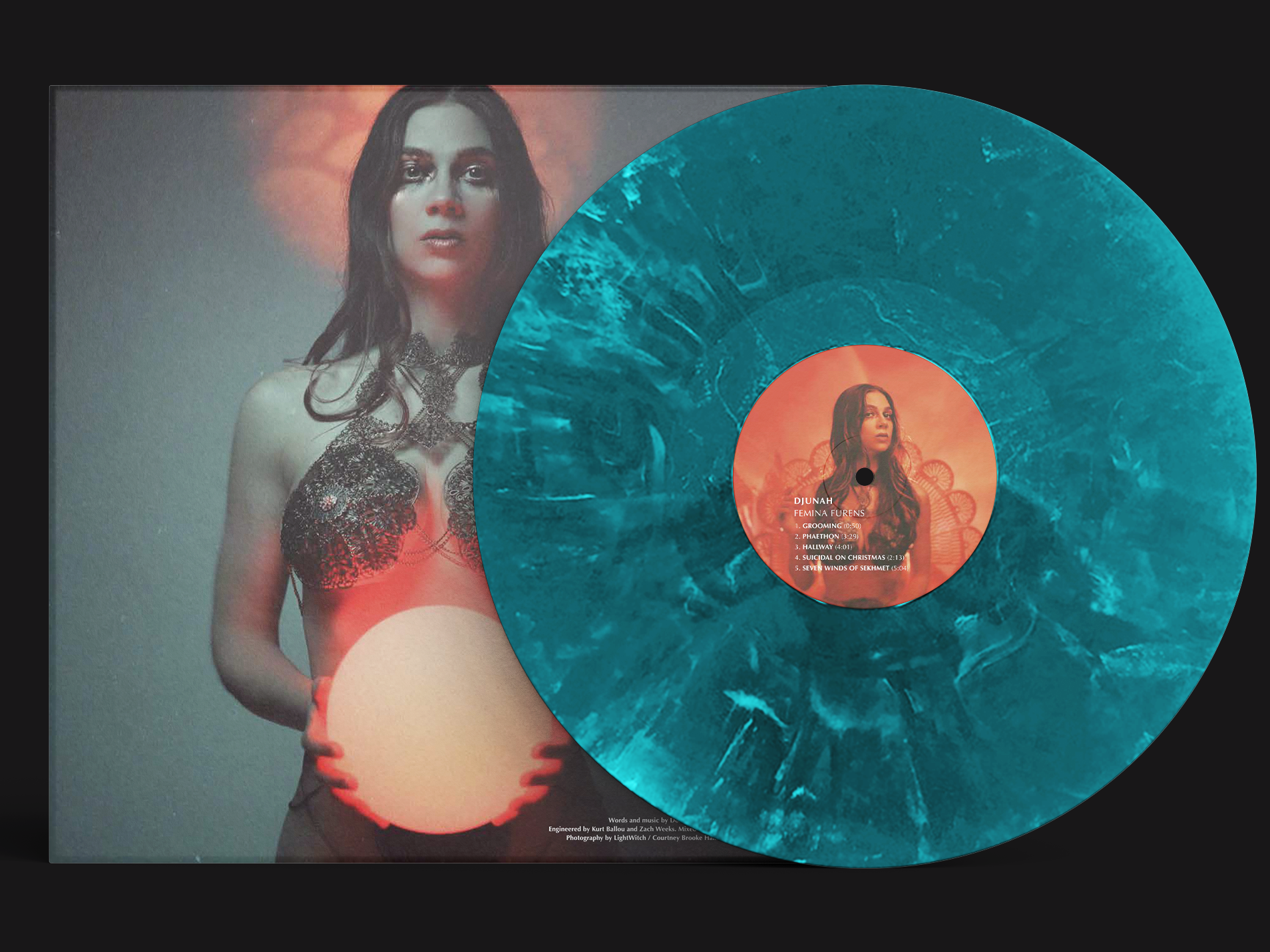 Djunah "Femina Furens" second pressing 12" vinyl LP on deep ocean swirl, reverse cover, pressed by Smashed Plastic in Chicago, Illinois