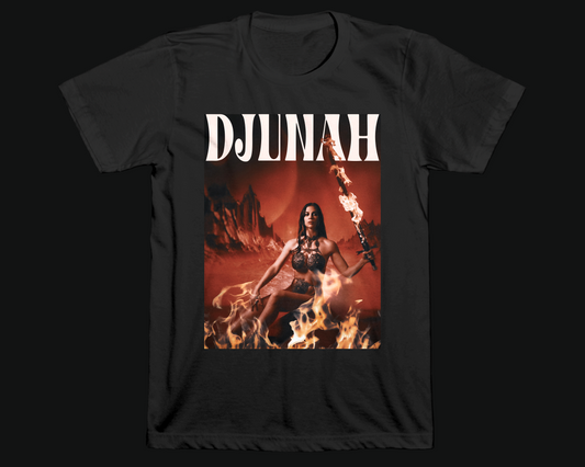 Djunah flaming sword shirt printed on dark gray Bella Canvas 100% cotton, photo by LightWitch / Courtney Brooke Hall